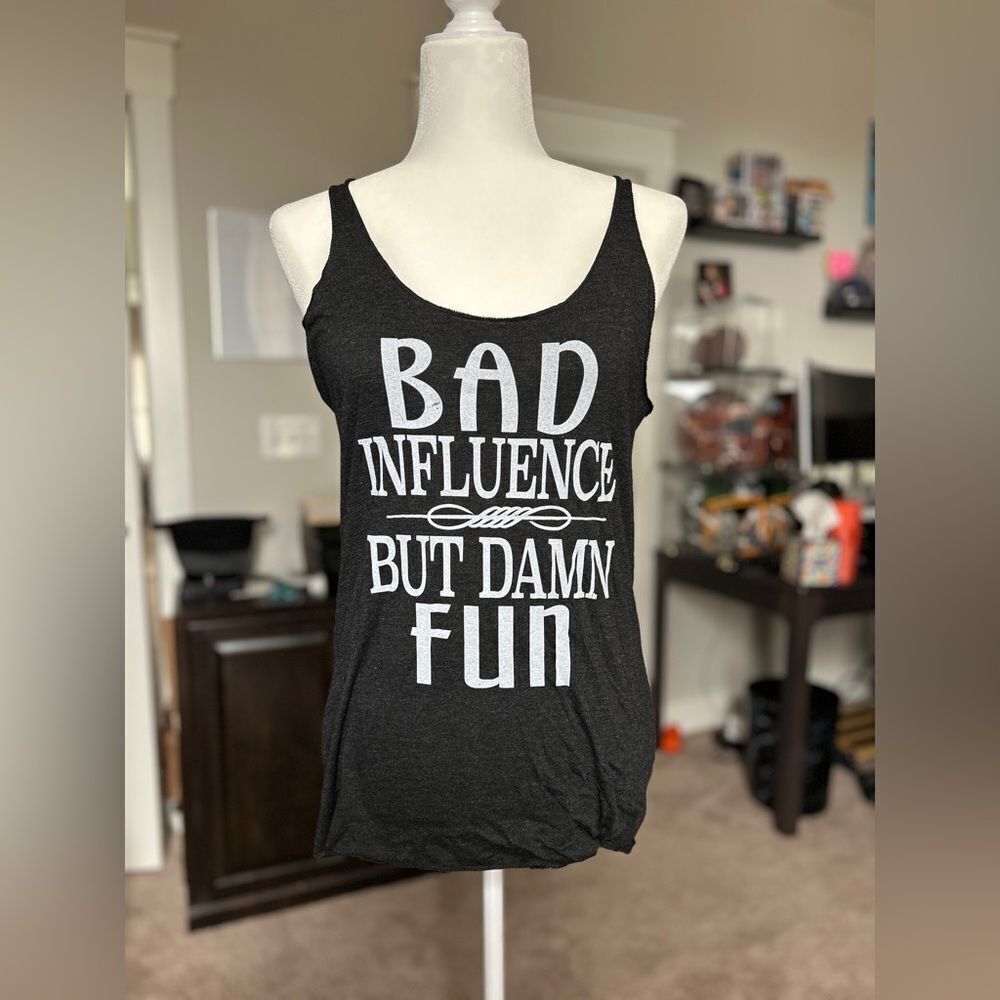 Bad Influence But Dam Fun Graphic Black Tank Top Size Small